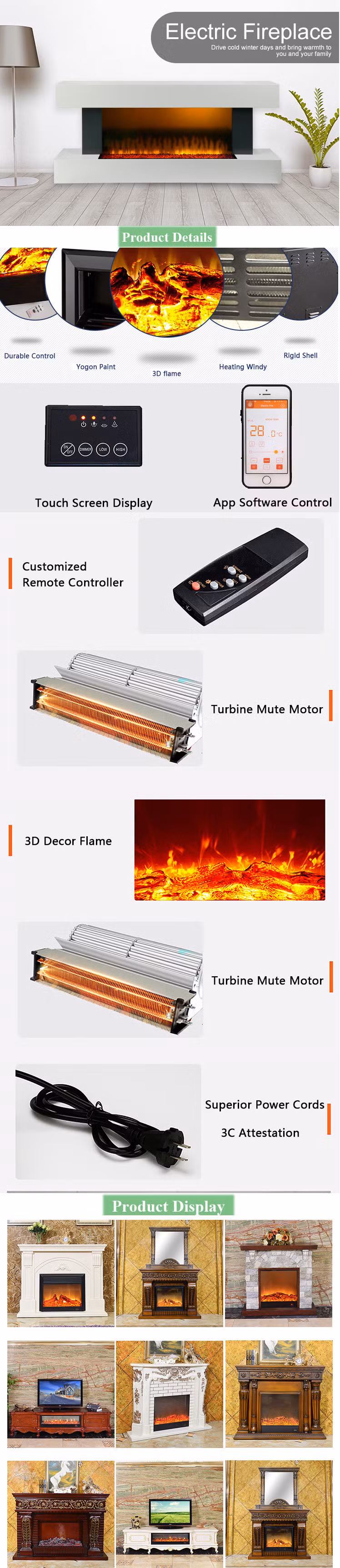 One Side Electric Heater Insert Wood Burning with 3D Decor Flame Fireplace
