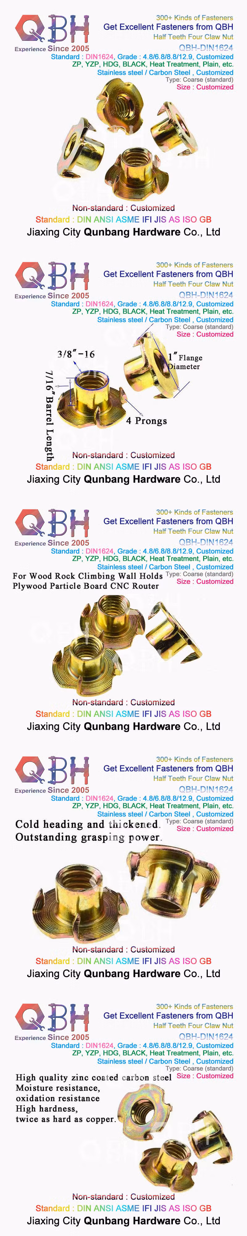 Qbh Custom-Made DIN 1624 T-Nut Carbon Stainless Steel Fixing Wood Furniture/Plywood/Particle Board/CNC Router on Wood Climbing Wall Threaded Insert Unit