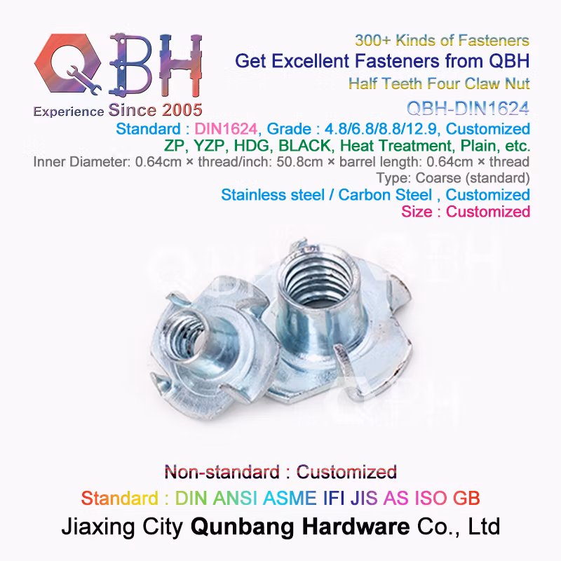 Qbh Custom-Made DIN 1624 T-Nut Carbon Stainless Steel Fixing Wood Furniture/Plywood/Particle Board/CNC Router on Wood Climbing Wall Threaded Insert Unit