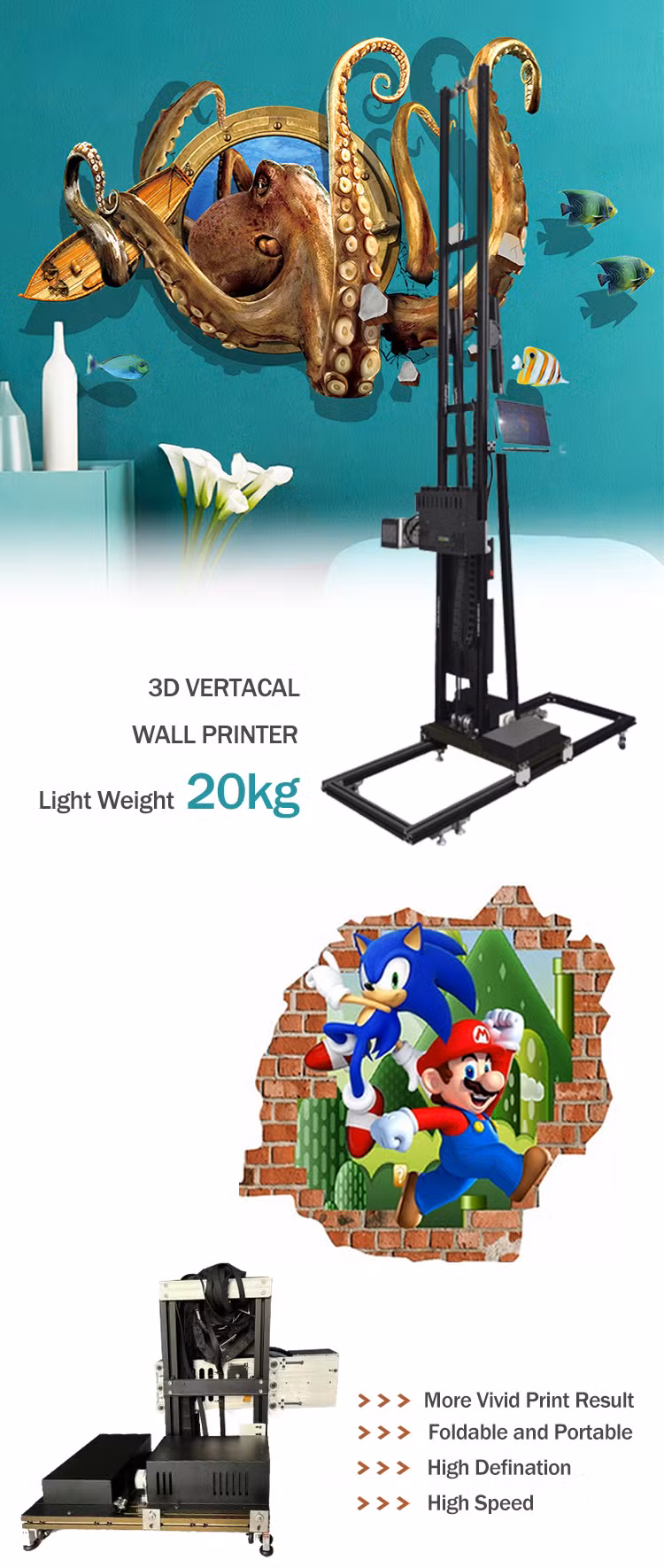 New Model Small Wall Art Printing Machine Direct to Wall Ceramic Glass Outdoor Painting Cmyk 3D 5D UV Vertical Wall Printer