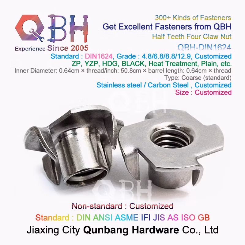 Qbh Custom-Made DIN 1624 T-Nut Carbon Stainless Steel Fixing Wood Furniture/Plywood/Particle Board/CNC Router on Wood Climbing Wall Threaded Insert Unit