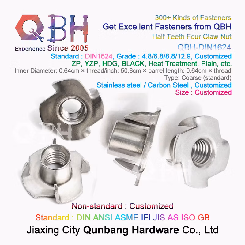 Qbh Custom-Made DIN 1624 T-Nut Carbon Stainless Steel Fixing Wood Furniture/Plywood/Particle Board/CNC Router on Wood Climbing Wall Threaded Insert Unit