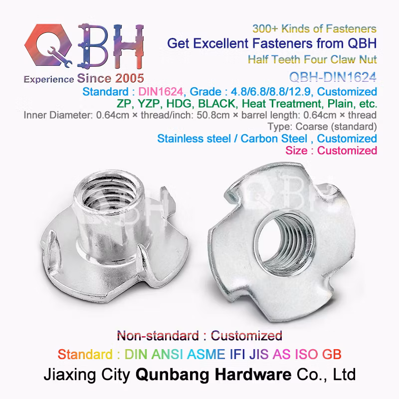 Qbh Custom-Made DIN 1624 T-Nut Carbon Stainless Steel Fixing Wood Furniture/Plywood/Particle Board/CNC Router on Wood Climbing Wall Threaded Insert Unit