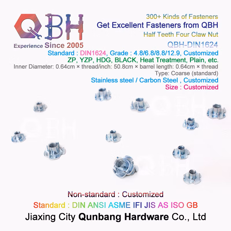 Qbh Custom-Made DIN 1624 T-Nut Carbon Stainless Steel Fixing Wood Furniture/Plywood/Particle Board/CNC Router on Wood Climbing Wall Threaded Insert Unit