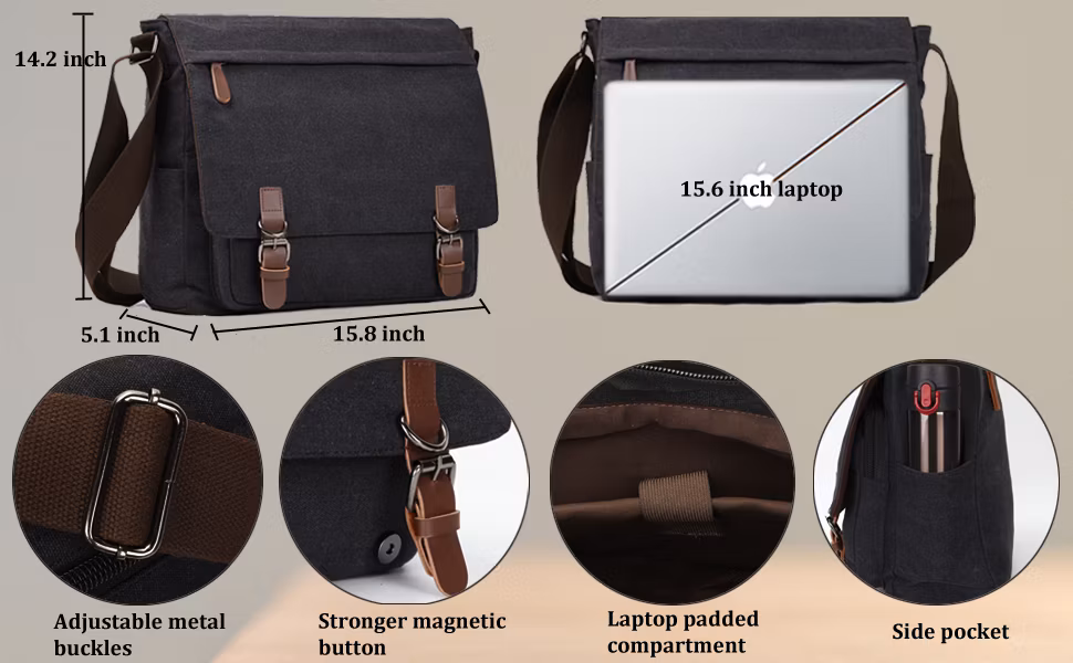 15.6 Inch Men Women Travel Satchel Shoulder Laptop Canvas Messenger Bag