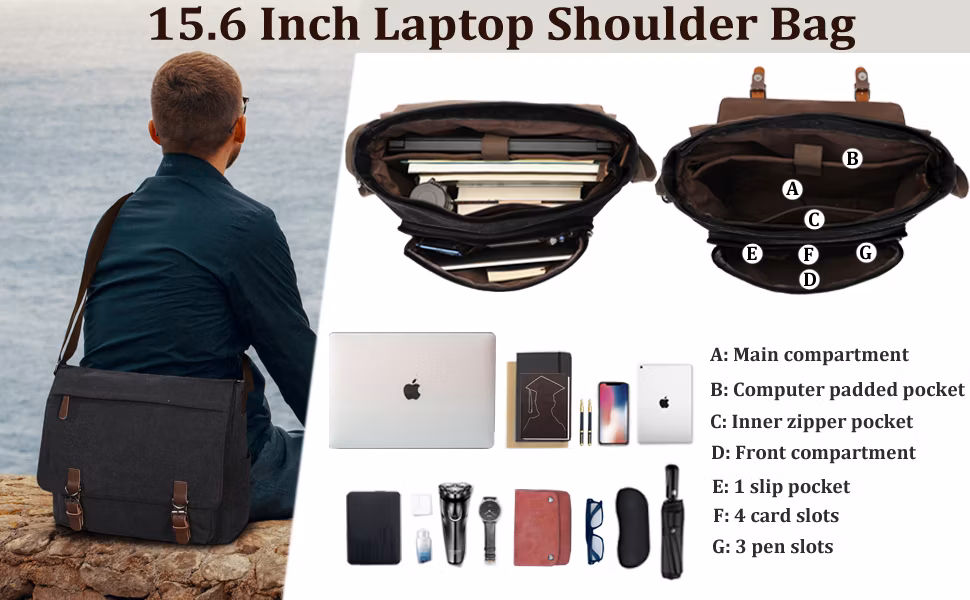 15.6 Inch Men Women Travel Satchel Shoulder Laptop Canvas Messenger Bag