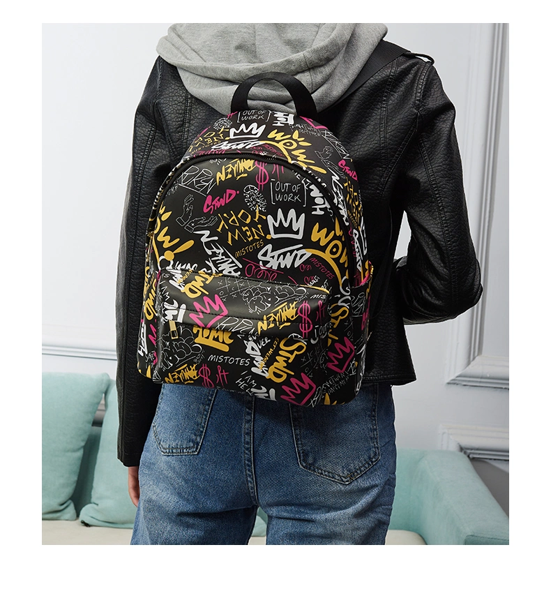 Customized Woman Printing Doodle Backpack Fashion Outdoor Travel Bags Unisex Daliy Trendy Ladies Double Shoulder Bag PU Leather Designer Backpacks