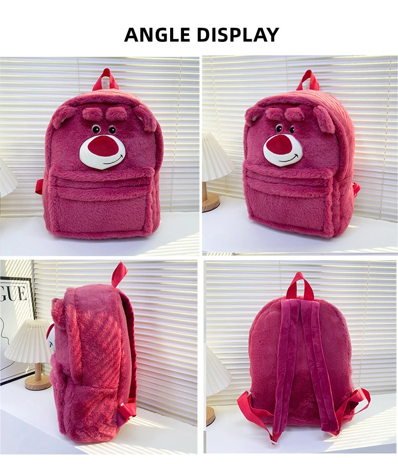 37cm Big Size Cartoon Strawberry Bear Design Large Capacity Cartable Plush Backpacks