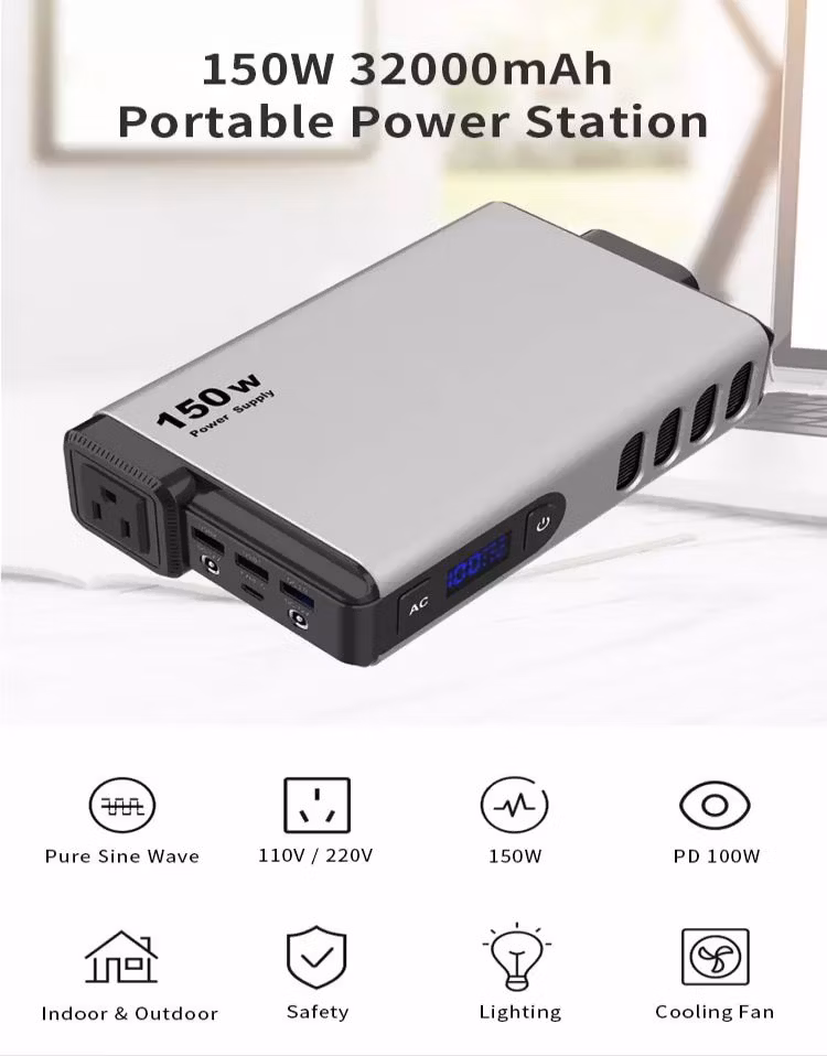 OEM Portable Laptop Charger 32000mAh 150wh Portable Power Bank 150W AC Outlet Outdoor Lithium Charging Station
