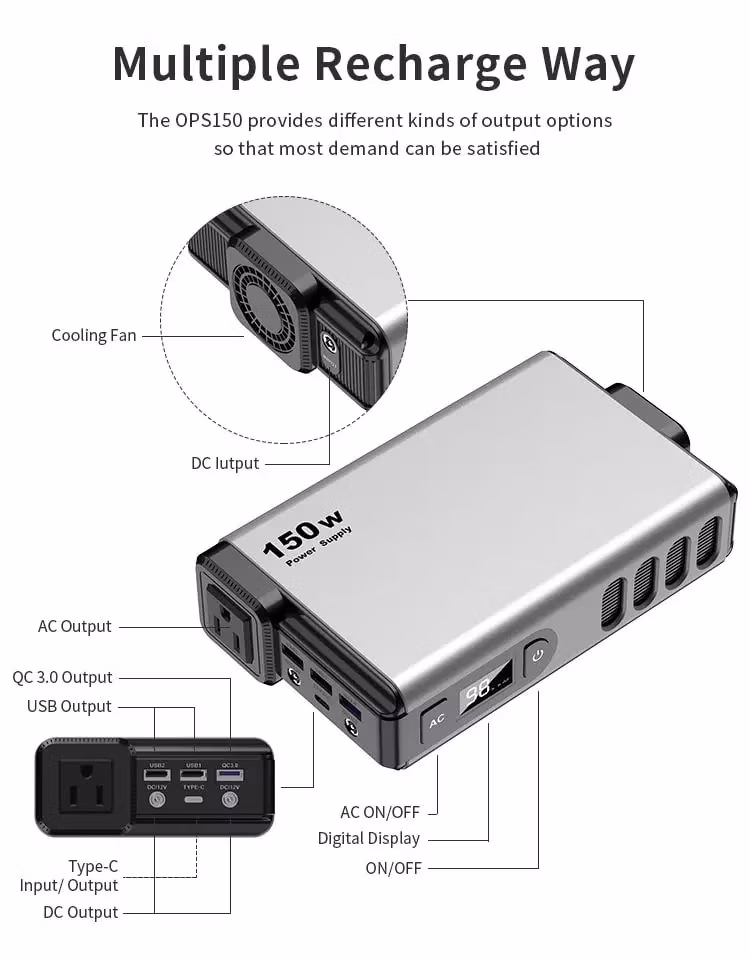 OEM Portable Laptop Charger 32000mAh 150wh Portable Power Bank 150W AC Outlet Outdoor Lithium Charging Station