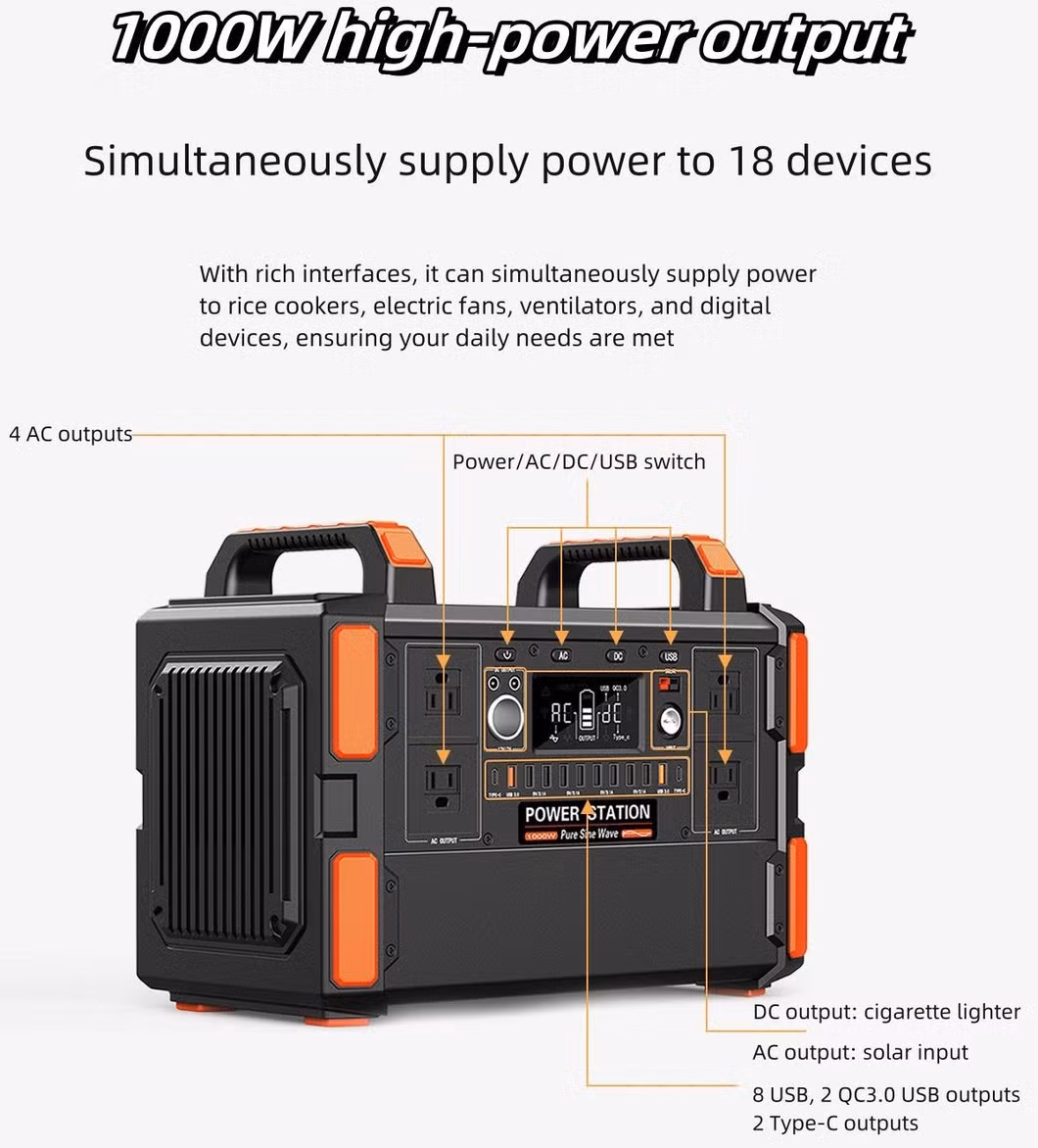 1000W Outdoor Mobile Lithium Battery Pack Outlet Power Station with Solar Panel