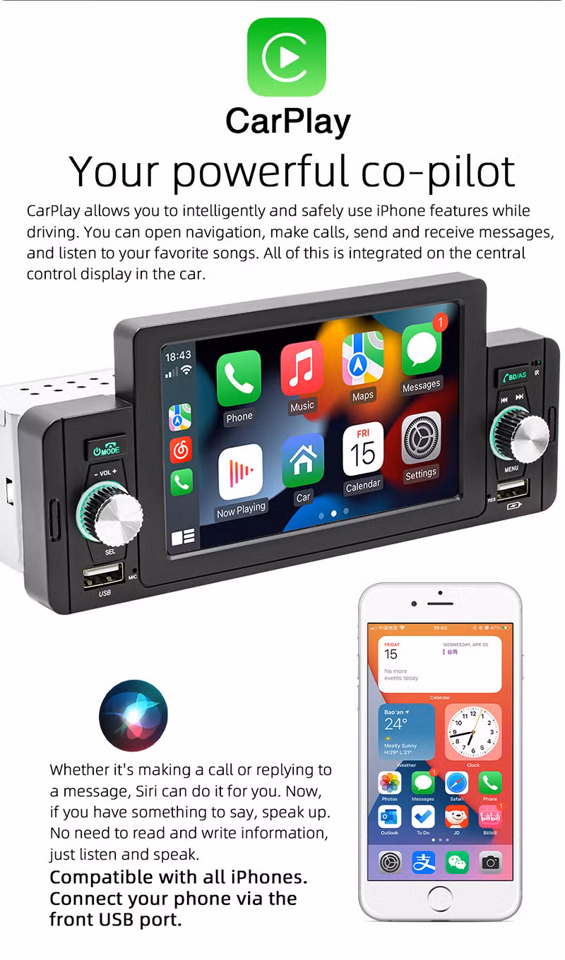 5 Inch Car Radio 1 DIN Carplay Android Auto Multimedia DVD Player
