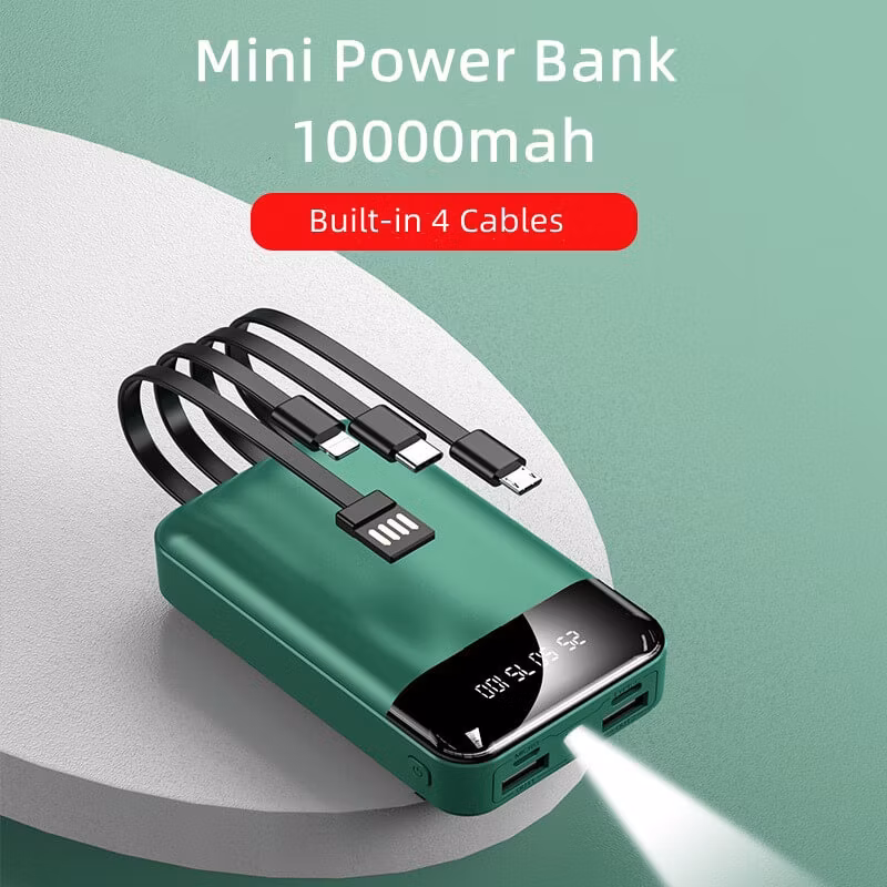 Portable Power Bank 10000mAh Station with LCD Display Built-in 4 Cables