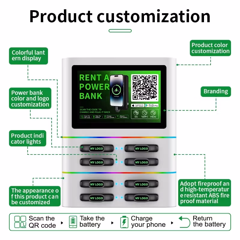 2025 New 8 Slots Shared Power Bank 5000mAh Sharing Power Bank Rental Sharing Station Portable Charger for Store Hotels Hospitals