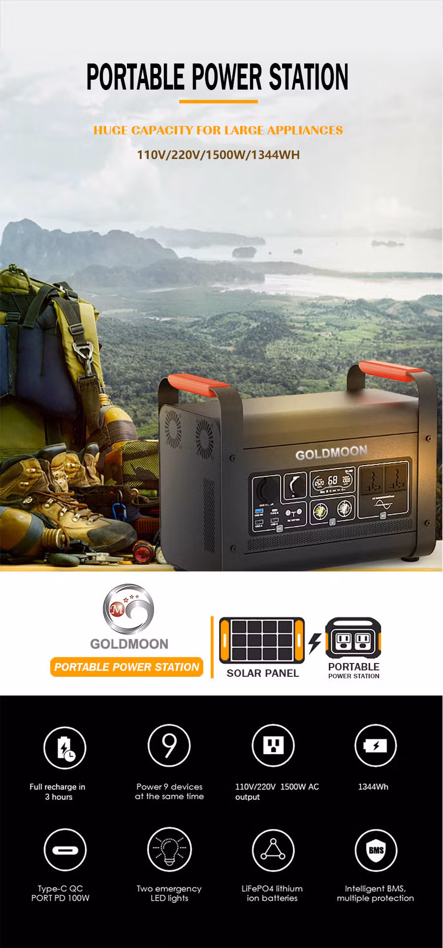 Goldmoon 220V/1500W Allpowers Portable Lithium Power Bank Rental Station with Solar Panel