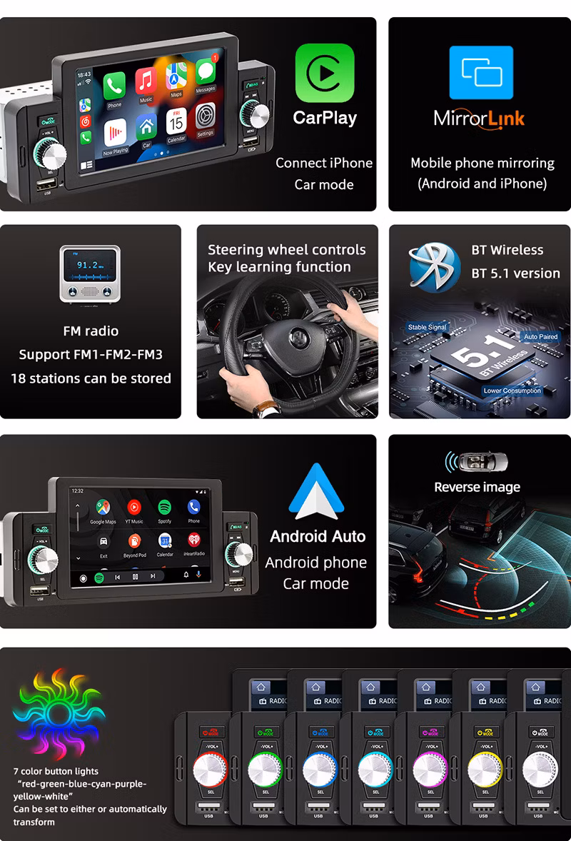 5 Inch Car Radio 1 DIN Carplay Android Auto Multimedia DVD Player