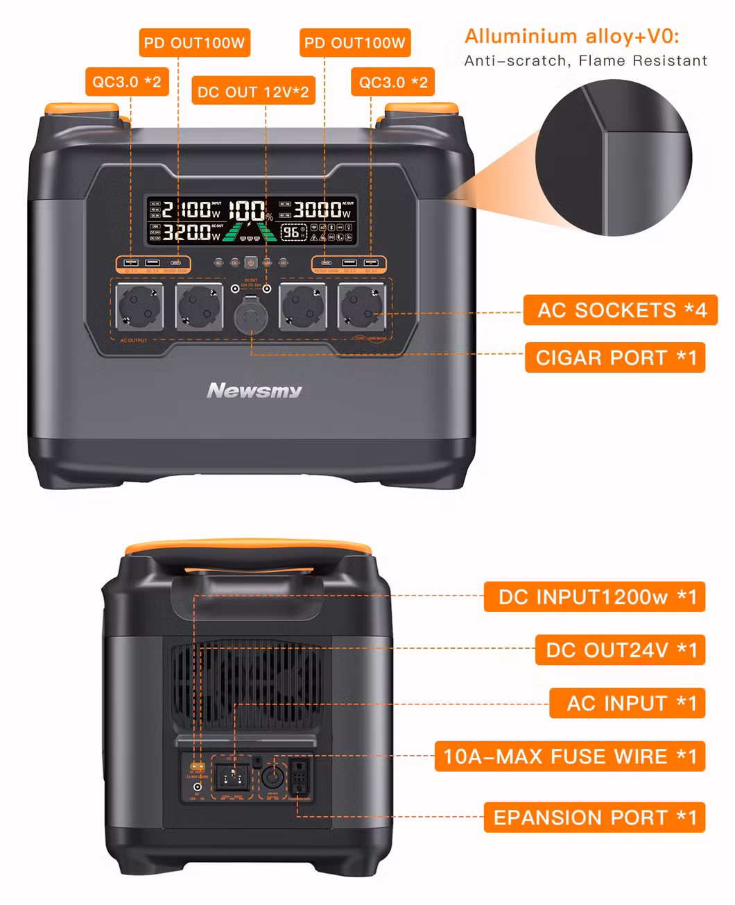 Power Supply 3000W LiFePO4 Battery Backup UPS Portable Power Station Solar Generator
