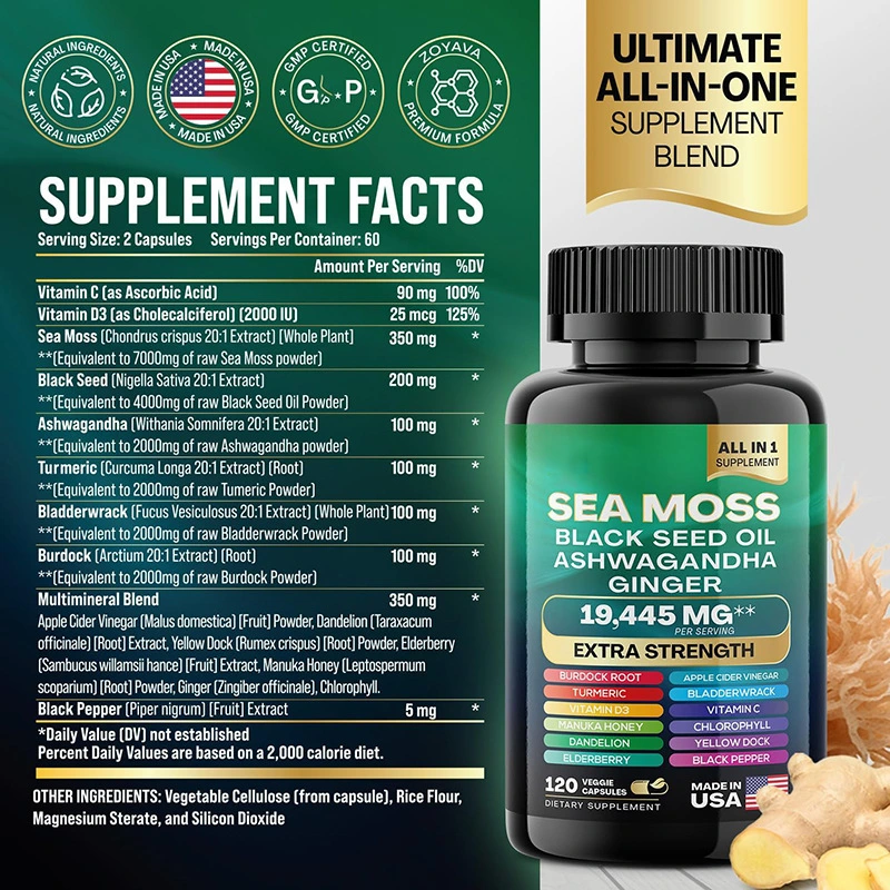 Private Label Vitamin Supplement Sea Moss, Black Seed Oil, Ashwagandha Blended Capsules