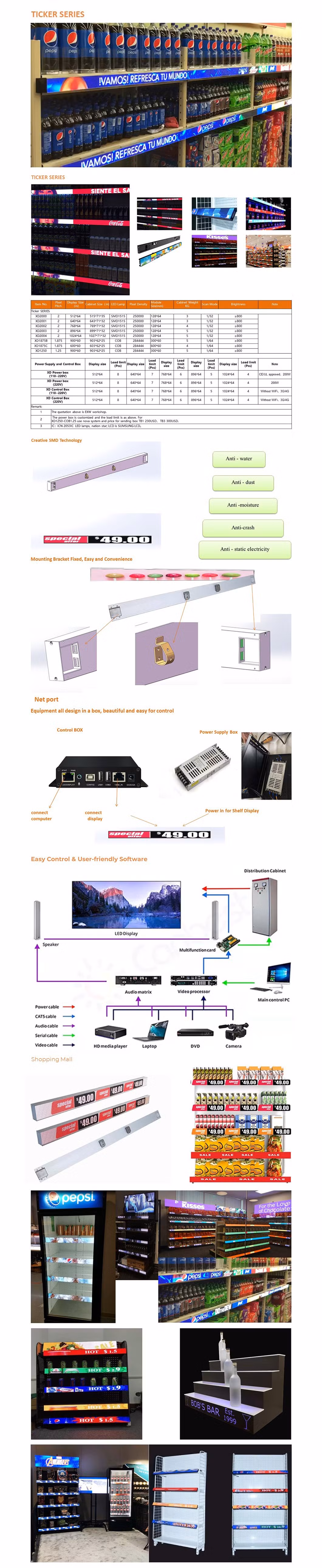 pH1.25 pH1.875 pH2 Retail Brand Store Digital Signage LED Ticker with 3G/4G/WiFi/USB Control