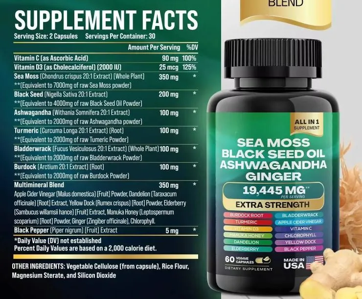 OEM Private Label Sea Moss Black Seed Oil Ashwagandha Capsules