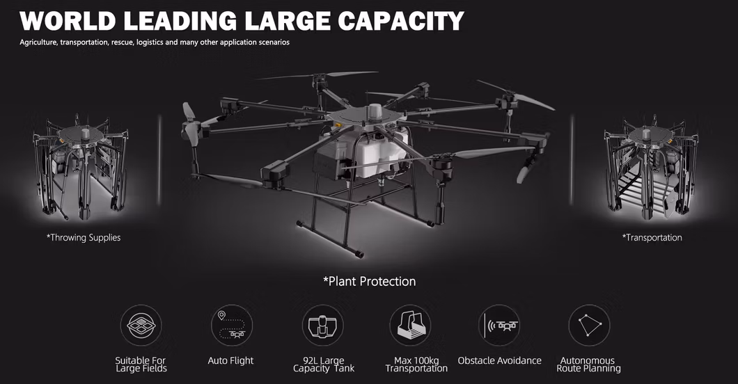 Best 92L Farm Uav 18s 30000mAh Battery Insecticide Irrigation Pesticide Spraying Drone Agricolas Top Agricultural Sprayer Drone with 100kg Heavy Duty Payload