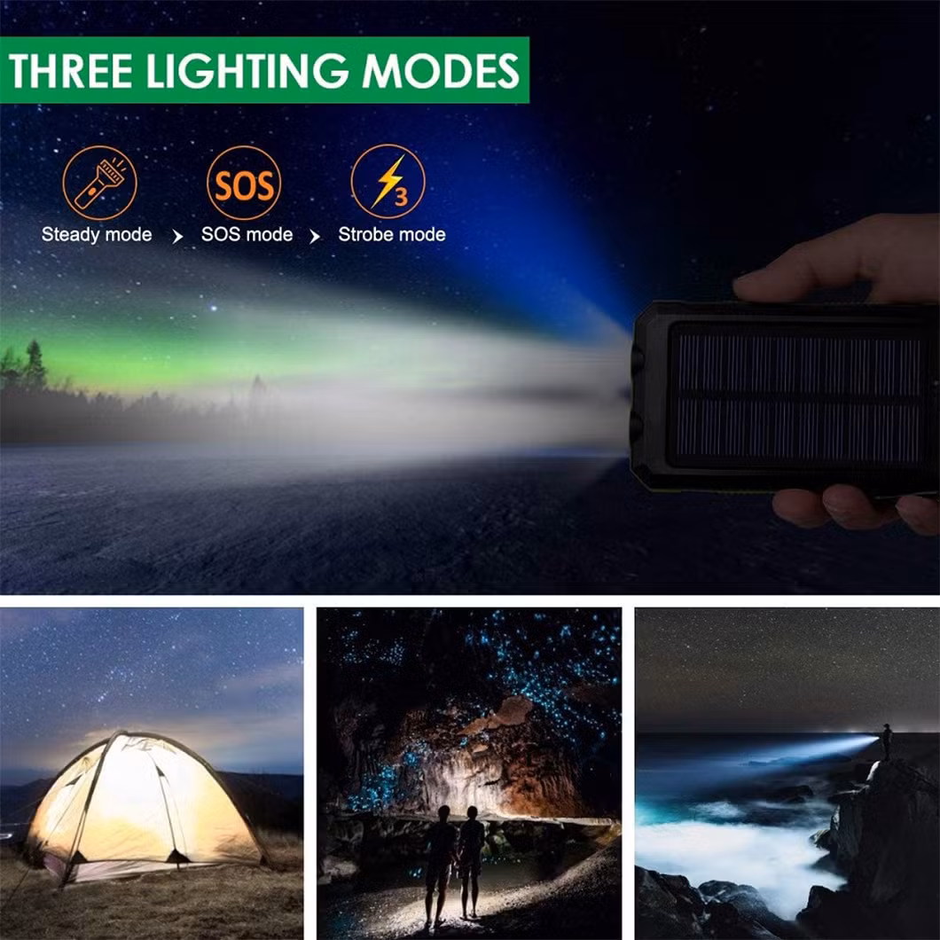 Solar Charger 10000mAh Portable Outdoor Waterproof Solar Power Bank Camping Battery Pack Dual 5V USB C Ports Output 2 LED Light Flashlight Compass