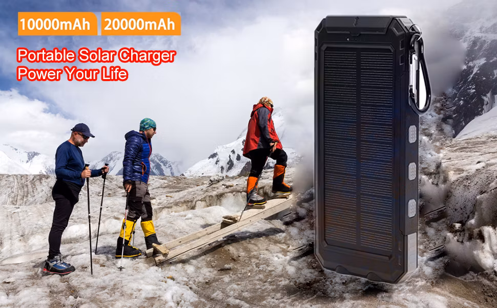 Solar Charger 10000mAh Portable Outdoor Waterproof Solar Power Bank Camping Battery Pack Dual 5V USB C Ports Output 2 LED Light Flashlight Compass