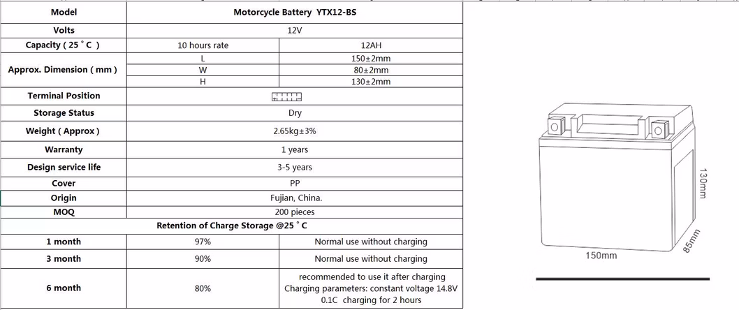 12V 12ah YTX12-BS High Quality Lead Acid Jis Dry Charged Motorcycle Battery