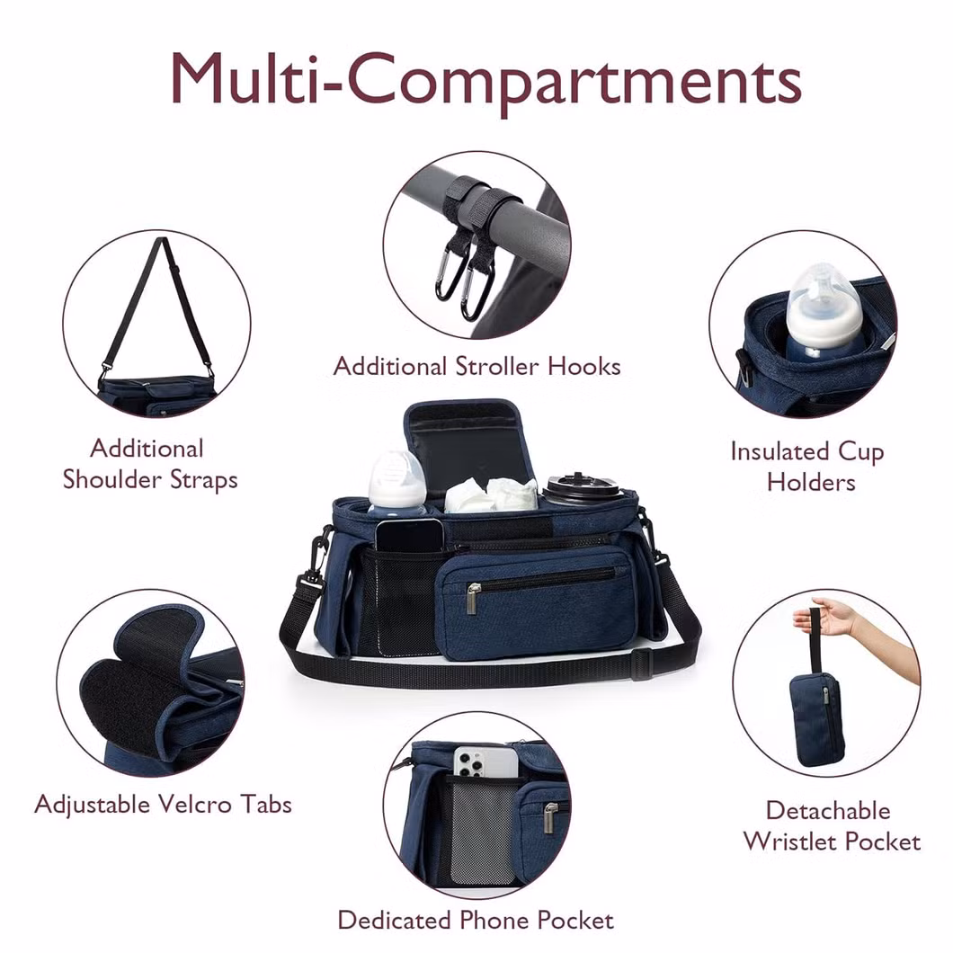 Universal Baby Stroller Organizer with Insulated Cup Holder and Phone Bag Storage Bag for Strollers Custom Baby Stroller Caddy