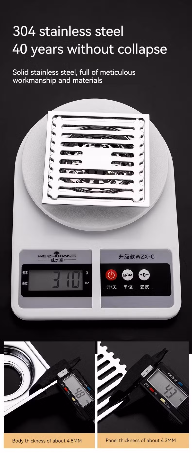20*10cm Solid Horizontal Strip Shower Room Floor Drain 304 Stainless Steel Rectangular Stripe Floor Drain Automatic Closing Odor Proof Floor Drain