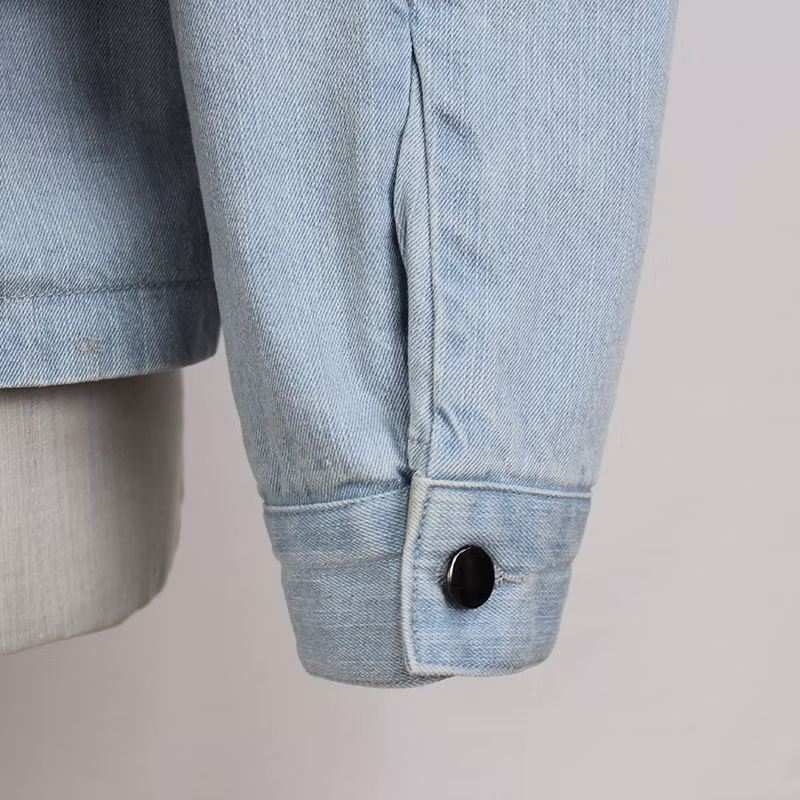 Men′s Cotton Denim Light Blue Bleach Color Knit Hoodie Jacket