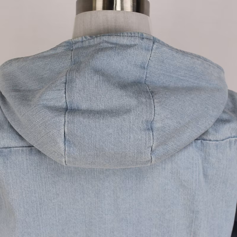 Men′s Cotton Denim Light Blue Bleach Color Knit Hoodie Jacket