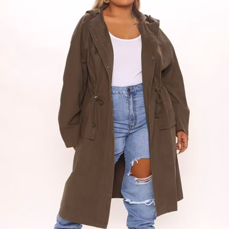 Women Wholesale Cotton Trench Coat Leisure Hoodie Jacket Casual Long Duster Coat