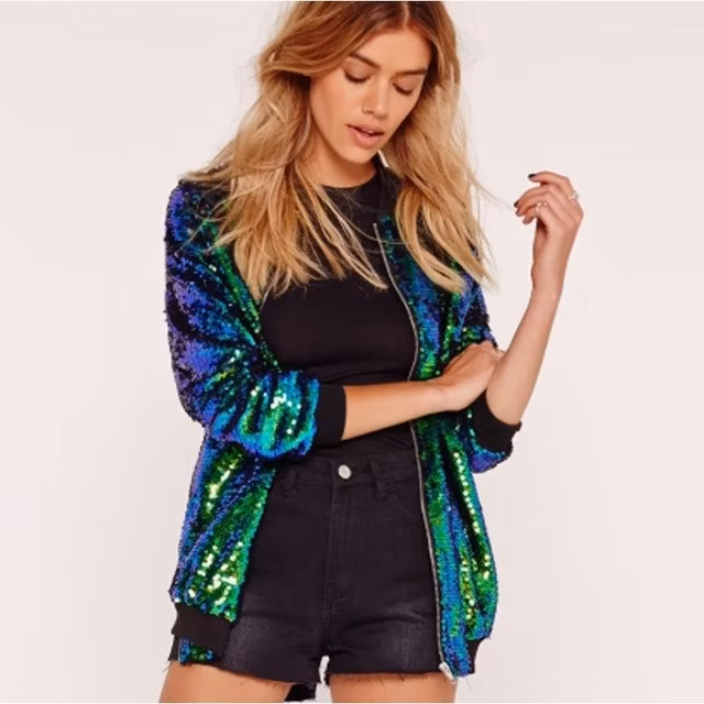Women′s Halloween Sequin Full Zip Bomber Jacket