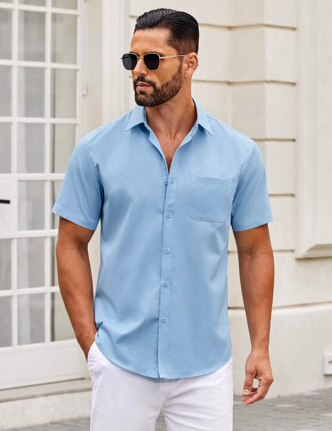 Factory Customized Mens Short Sleeve Casual Button Down Shirts Summer Untucked Dress Work Shirts with Pocket