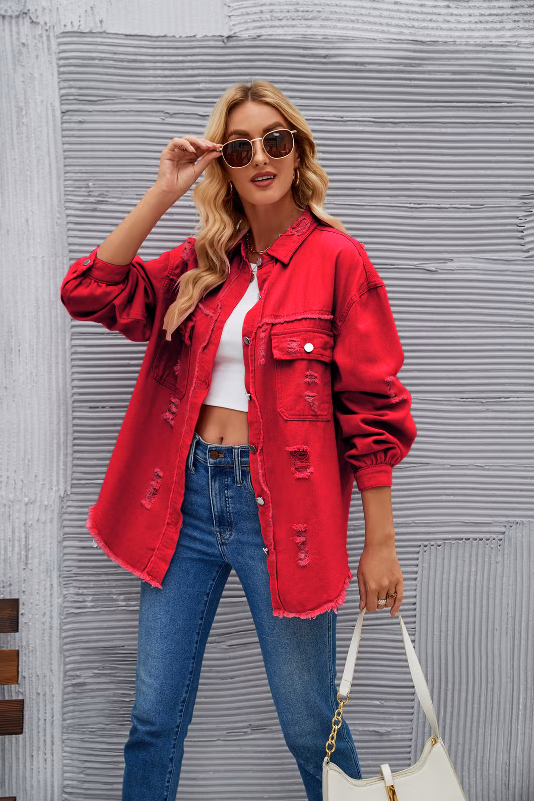 New Style Washed Medium Length Ripped Long Sleeve Denim Jacket