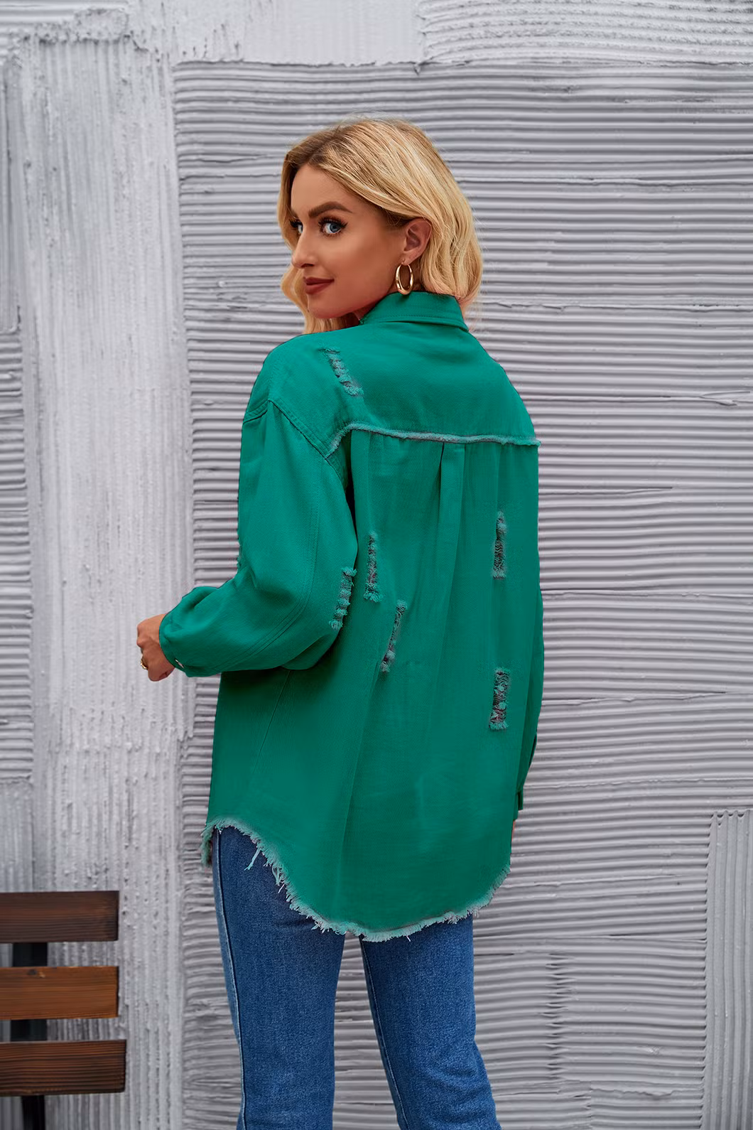 New Style Washed Medium Length Ripped Long Sleeve Denim Jacket