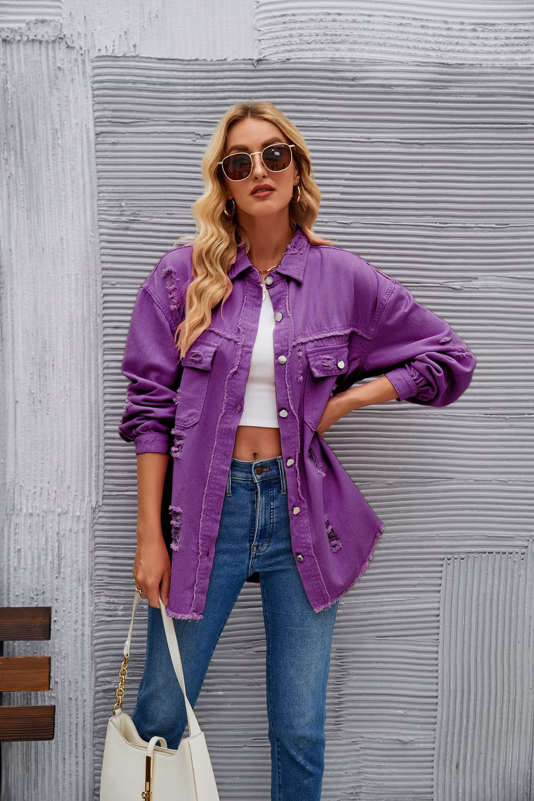 New Style Washed Medium Length Ripped Long Sleeve Denim Jacket