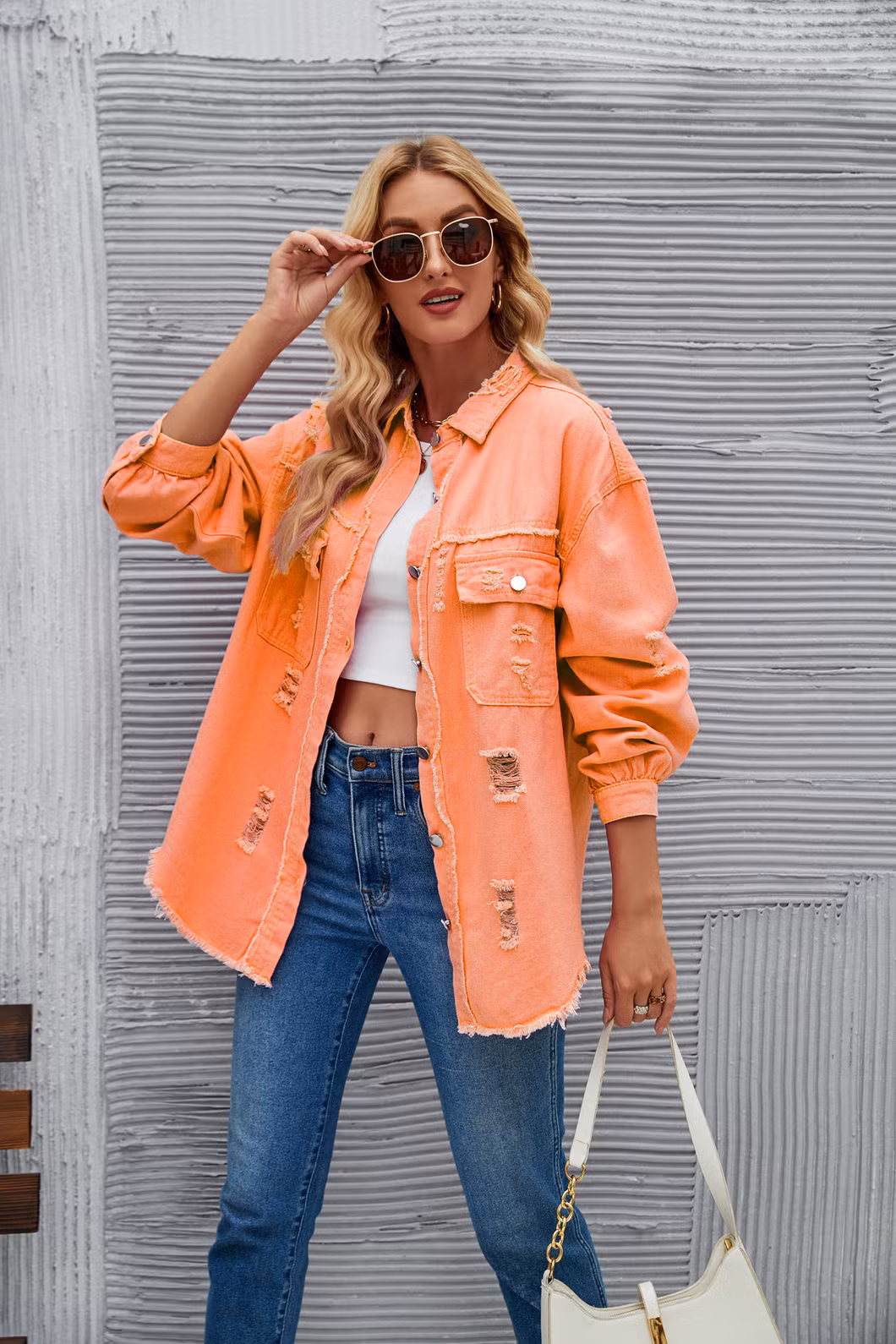 New Style Washed Medium Length Ripped Long Sleeve Denim Jacket