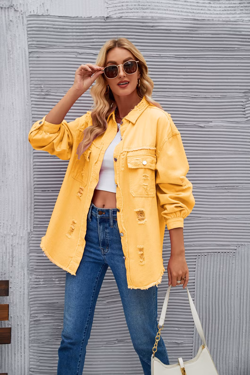New Style Washed Medium Length Ripped Long Sleeve Denim Jacket