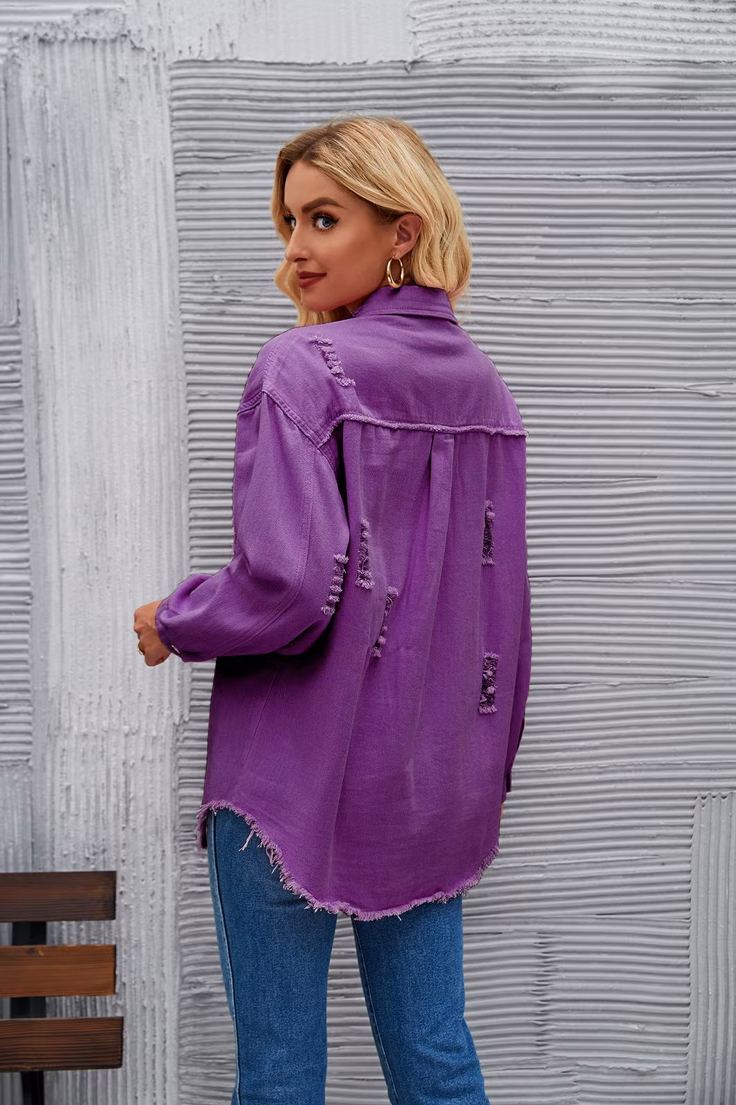 New Style Washed Medium Length Ripped Long Sleeve Denim Jacket