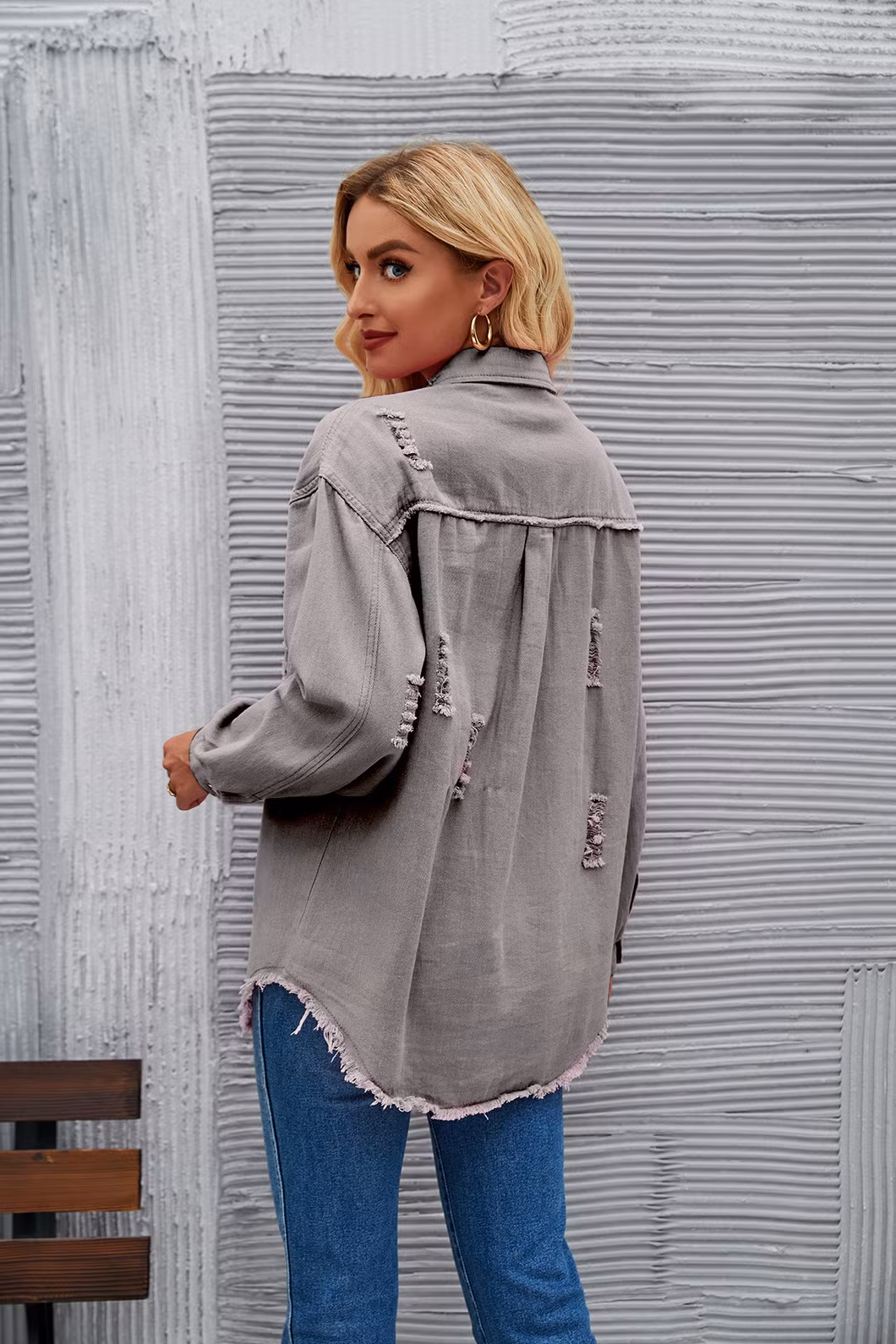 New Style Washed Medium Length Ripped Long Sleeve Denim Jacket