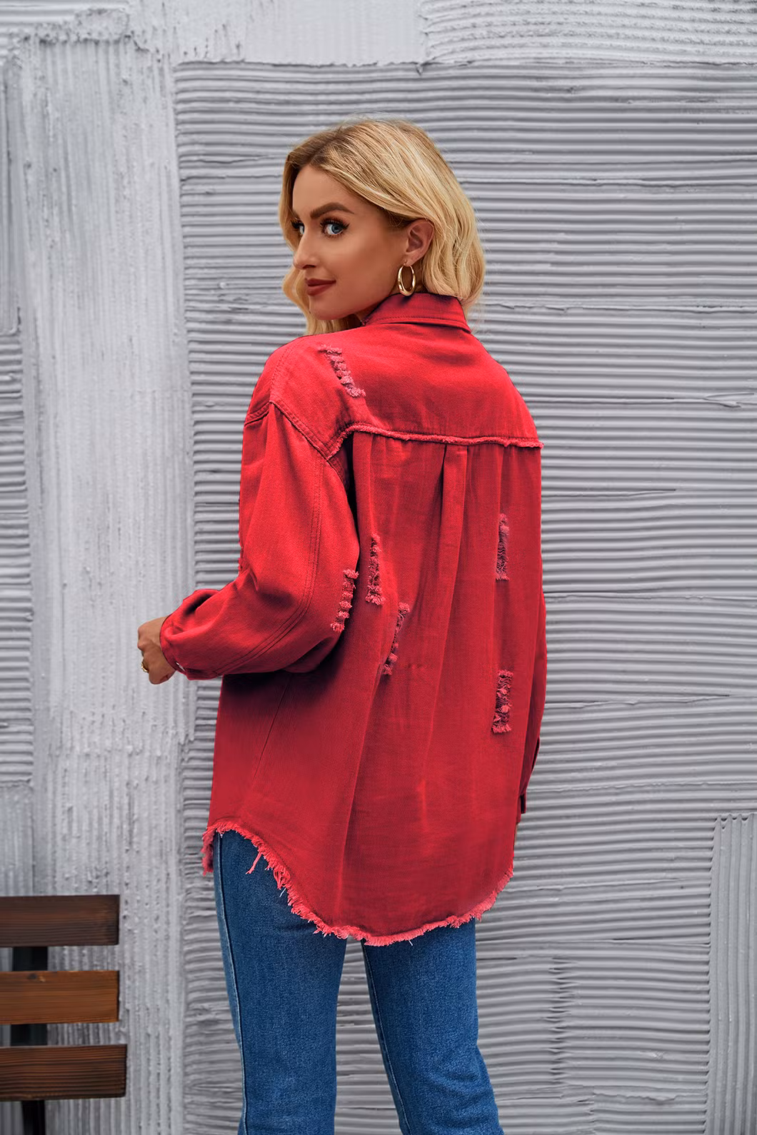 New Style Washed Medium Length Ripped Long Sleeve Denim Jacket