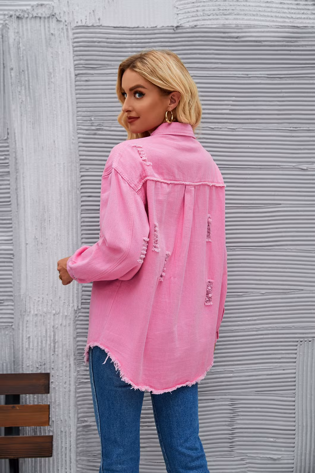 New Style Washed Medium Length Ripped Long Sleeve Denim Jacket