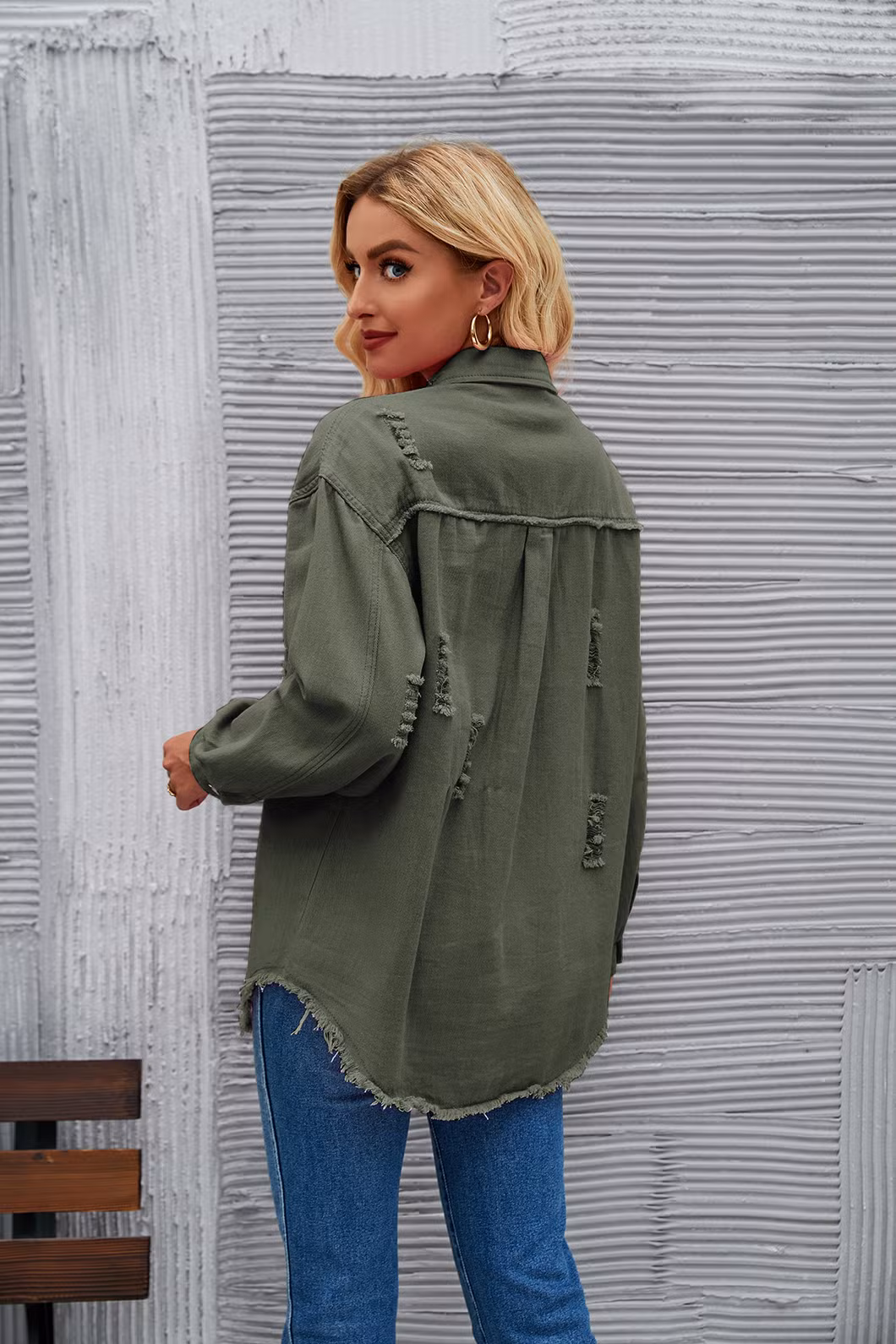 New Style Washed Medium Length Ripped Long Sleeve Denim Jacket