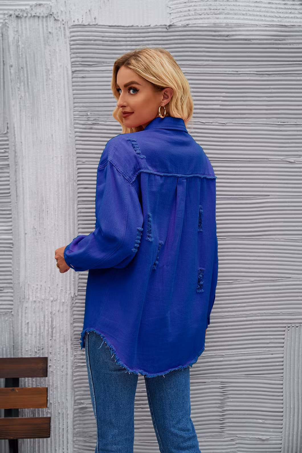 New Style Washed Medium Length Ripped Long Sleeve Denim Jacket