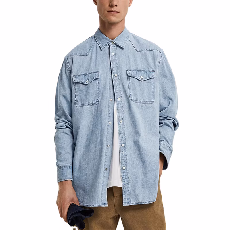 Profound Custom Mens Casual Jeans Shirt 100% Cotton Mens Button up Shirt Wholesale Light Blue Jeans Jacket