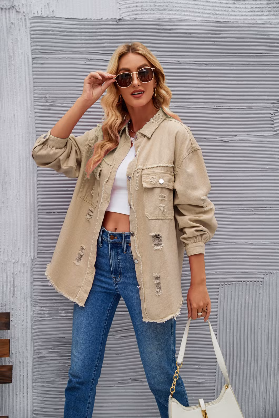 New Style Washed Medium Length Ripped Long Sleeve Denim Jacket