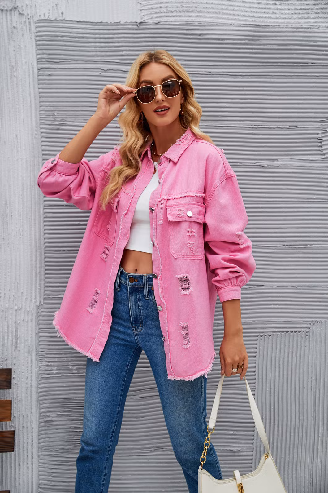 New Style Washed Medium Length Ripped Long Sleeve Denim Jacket