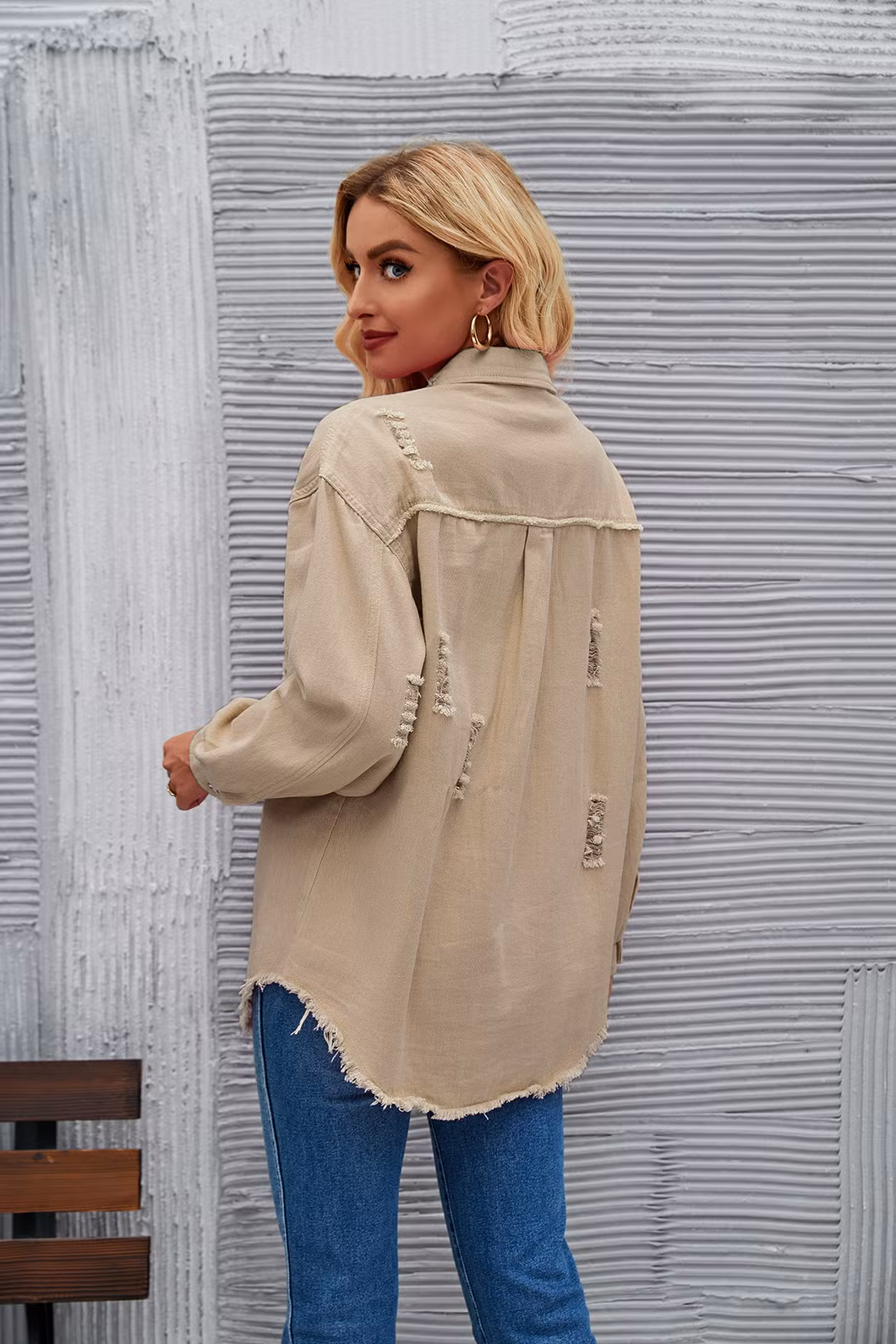 New Style Washed Medium Length Ripped Long Sleeve Denim Jacket